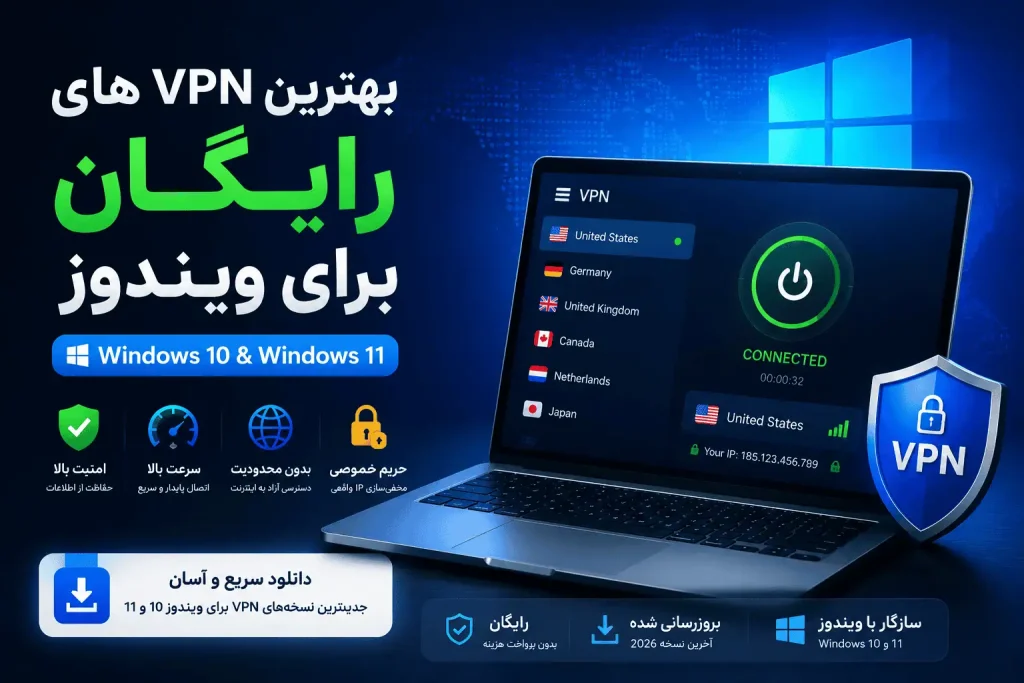 بهترین VPN رایگان برای ویندوز 10 و 11 (2026) | دانلود فیلتر شکن سریع کامپیوتر 12 دانلود بهترین VPN رایگان برای ویندوز 10 و 11 با سرعت بالا و امنیت مناسب