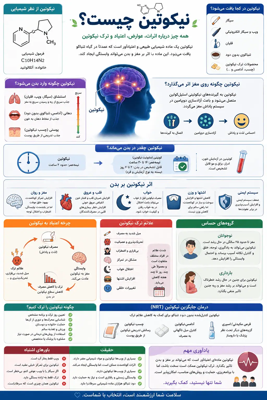 نیکوتین چیست؟ بررسی اثرات، عوارض، اعتیاد، ماندگاری و روش ترک 12 اینفوگرافیک نیکوتین چیست و بررسی اثرات آن بر مغز و بدن، اعتیاد، علائم ترک و درمان جایگزین نیکوتین